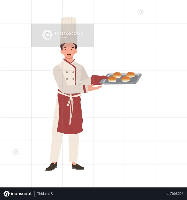 Full-Length Bakery Chef Illustration with Fresh Baked Bun  Illustration