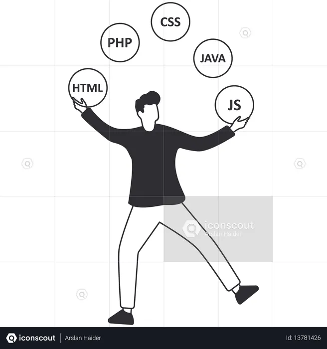 Full stack developer juggling programming languages like HTML CSS JS PHP and Java for software development  Illustration