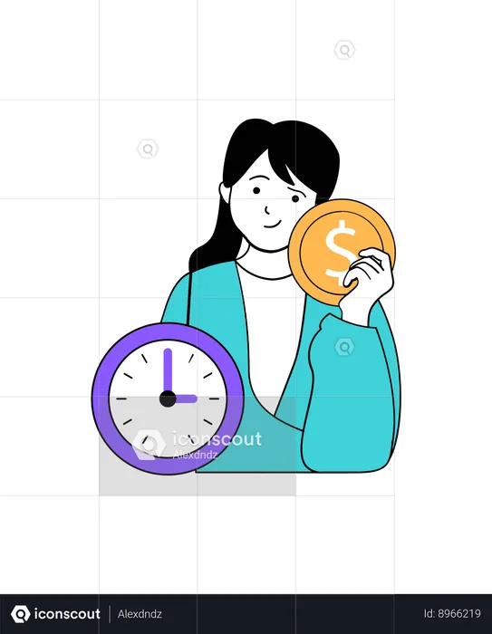 Funcionária equilibrando tempo e dinheiro juntos  Ilustração