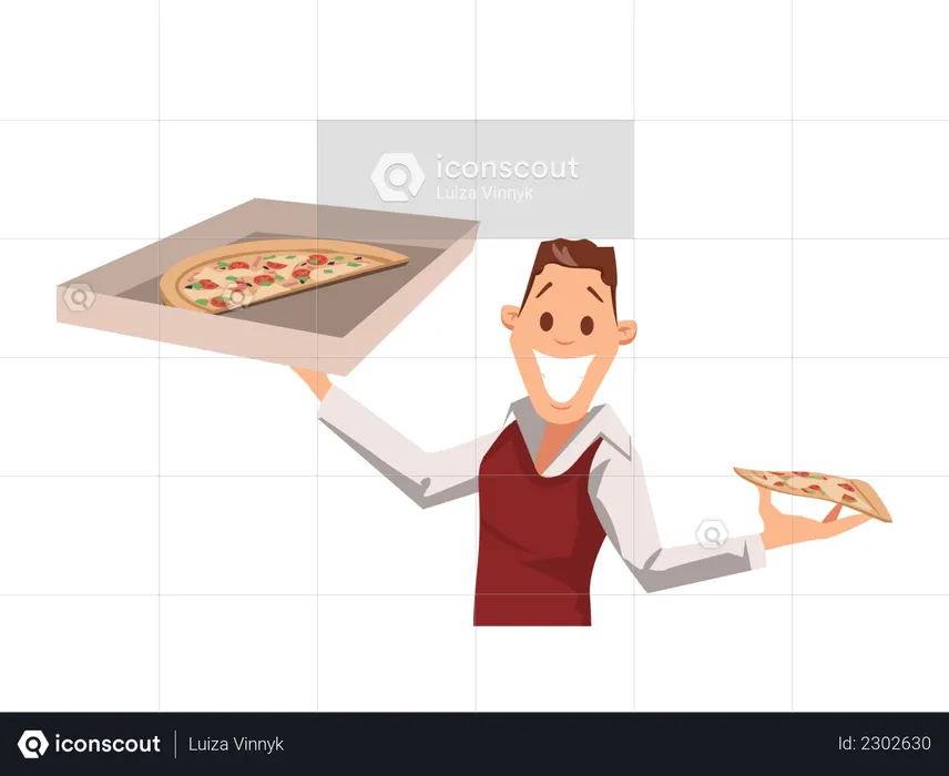 Funcionário de escritório segurando caixa de pizza e fatia  Ilustração