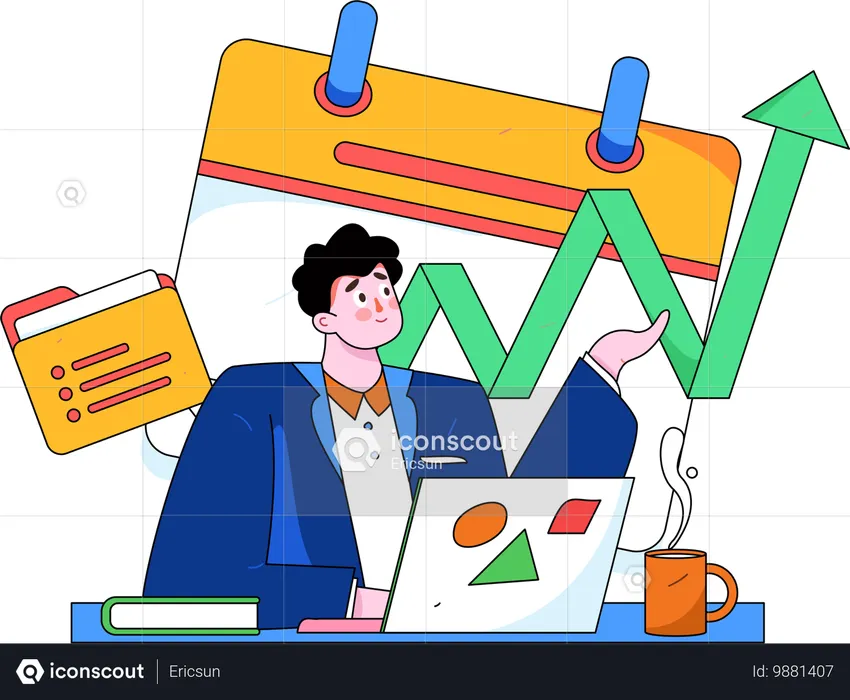 Funcionário masculino mostrando crescimento de negócios com plano de negócios  Ilustração