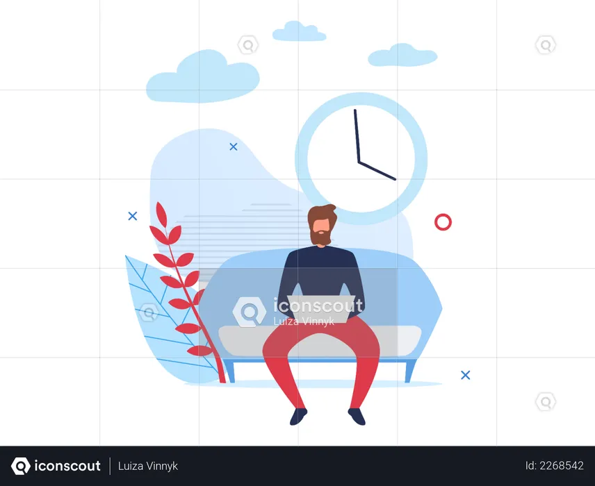 Funcionário do sexo masculino sentado no sofá e trabalhando no laptop  Ilustração