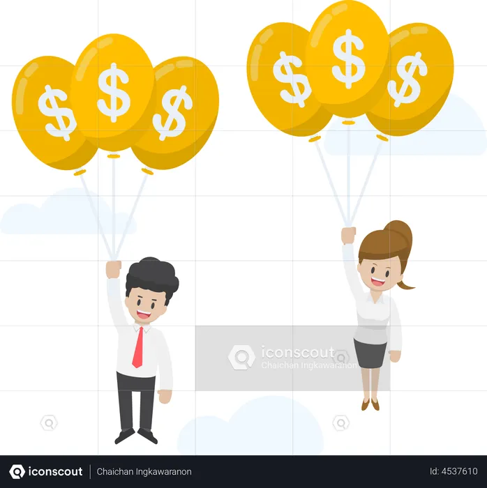 Funcionário voando com balão de dólar  Ilustração