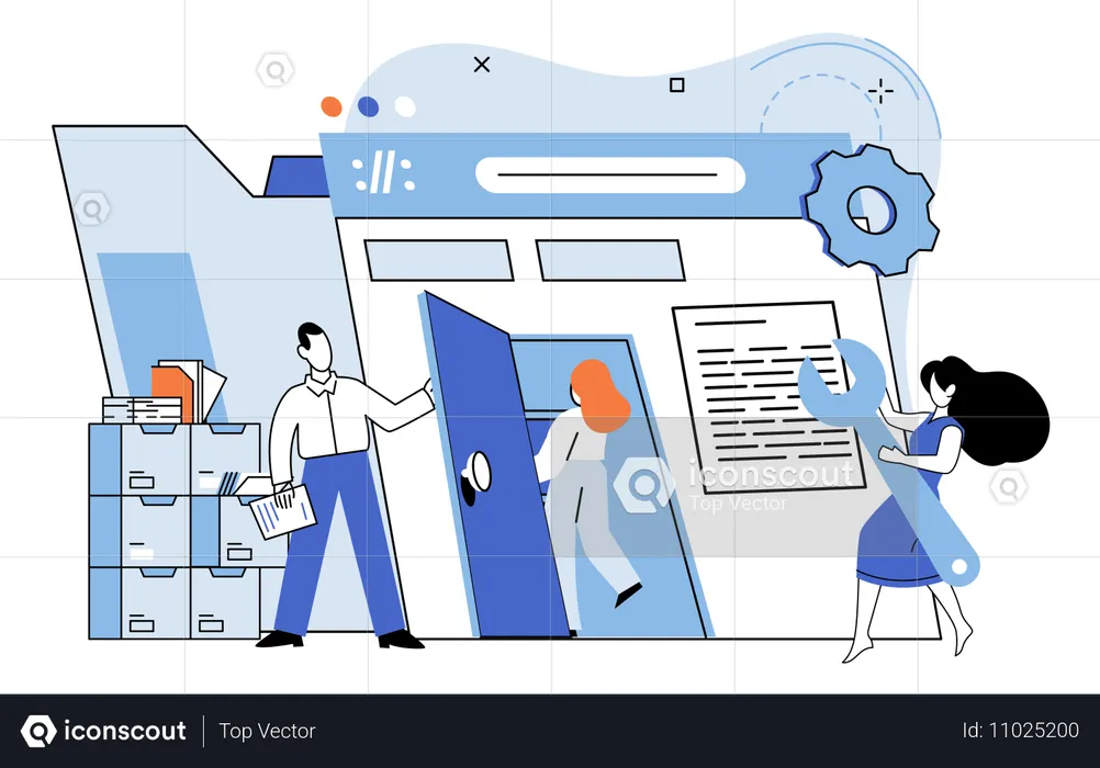 Funcionários trabalham juntos na manutenção de computadores  Ilustração
