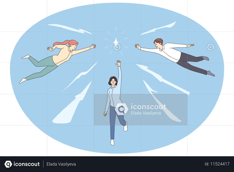 Os funcionários trabalham juntos em um objetivo comum  Ilustração