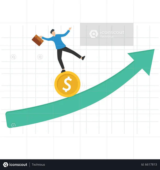 Fund manager holding flag lead money coin running up rising graph  Illustration