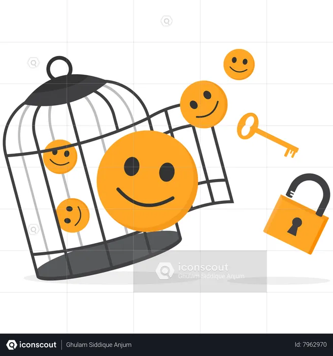 Funny and positive emoticons with key free himself from the cage  Illustration
