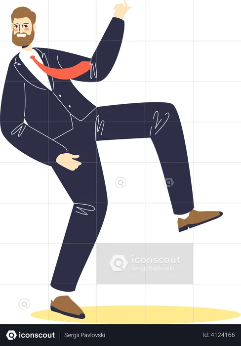 Funny businessman in suit and tie dancing. Cartoon business man character joyful dance  Illustration