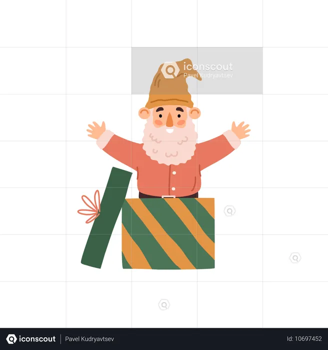 Funny fabulous gnome jumping out of gift box  Illustration