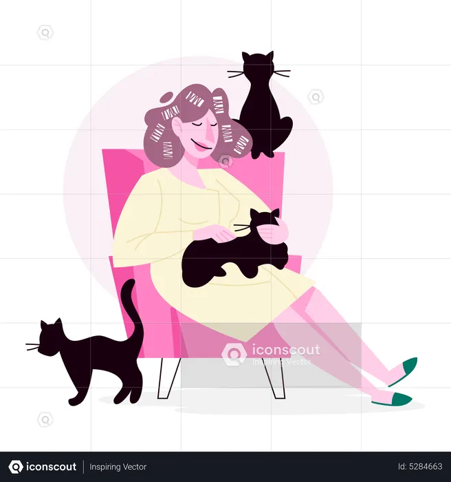 Funny female with her cats  Illustration