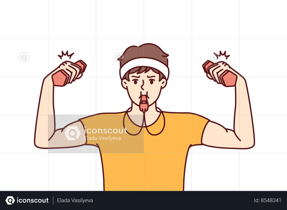 Funny fitness trainer with dumbbells uses whistle to cheer up trainees from gym  Illustration