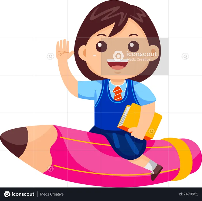 Funny Girl Kid Flying on Pencil  Illustration