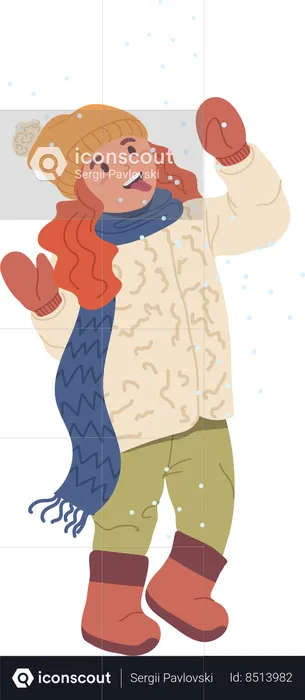 Funny girl trying to taste snowflake catching snow with mouth  Illustration