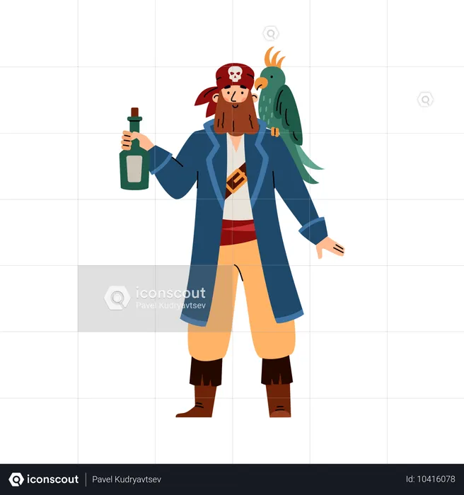 Funny pirate with parrot and bottle of rum  Illustration