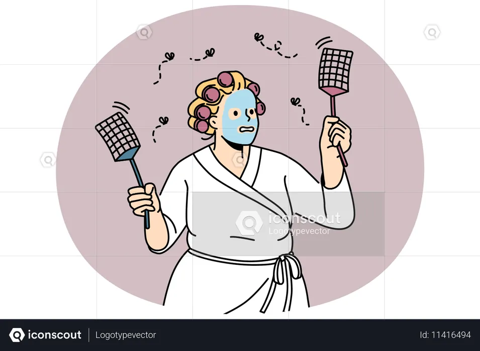 Funny woman in bathrobe chasing flies with swatters  Illustration