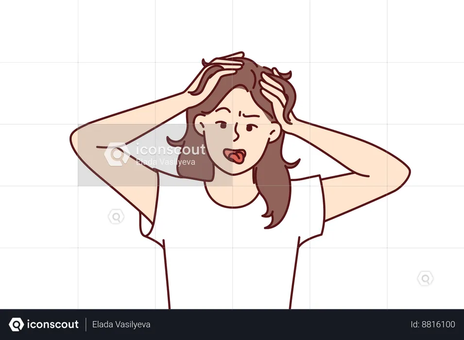 Funny woman with crazy grimace ruins her own hair  Illustration