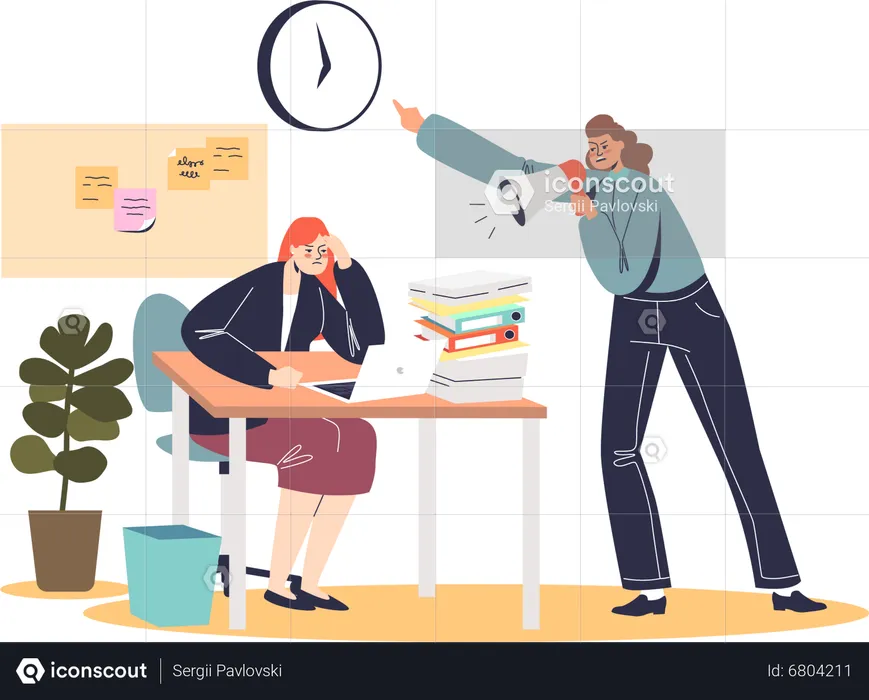 Furious lady boss screaming at stressed worker missing deadline with job task completeness  Illustration