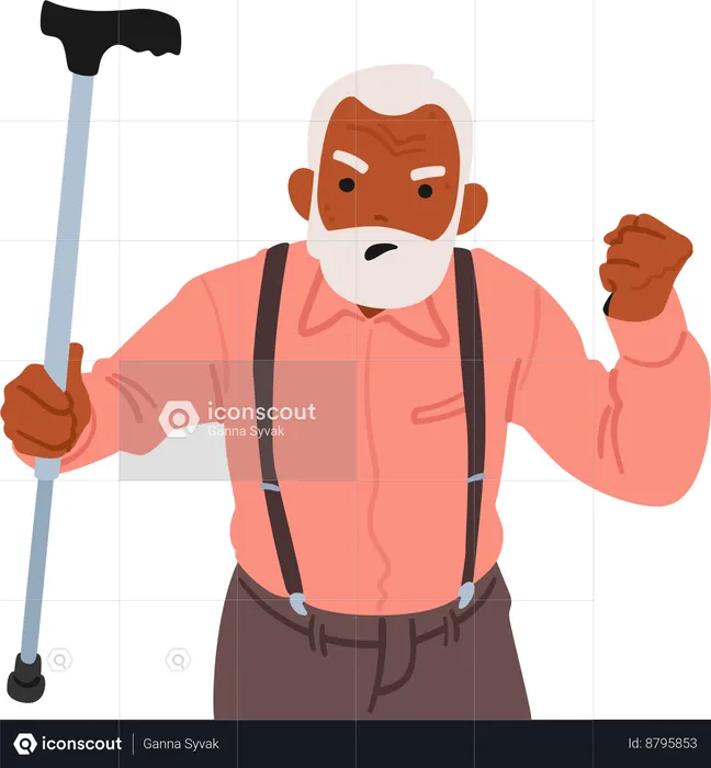 Furious Senior Man Waves His Cane  Illustration