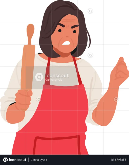 Furious Senior Woman Brandishes Rolling Pin Like Weapon  Illustration