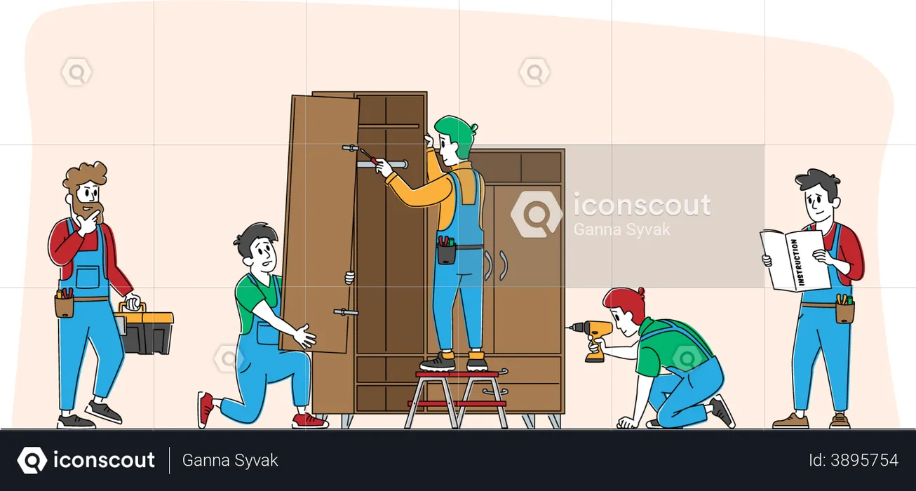 Furniture assembling worker assembling cupboard  Illustration