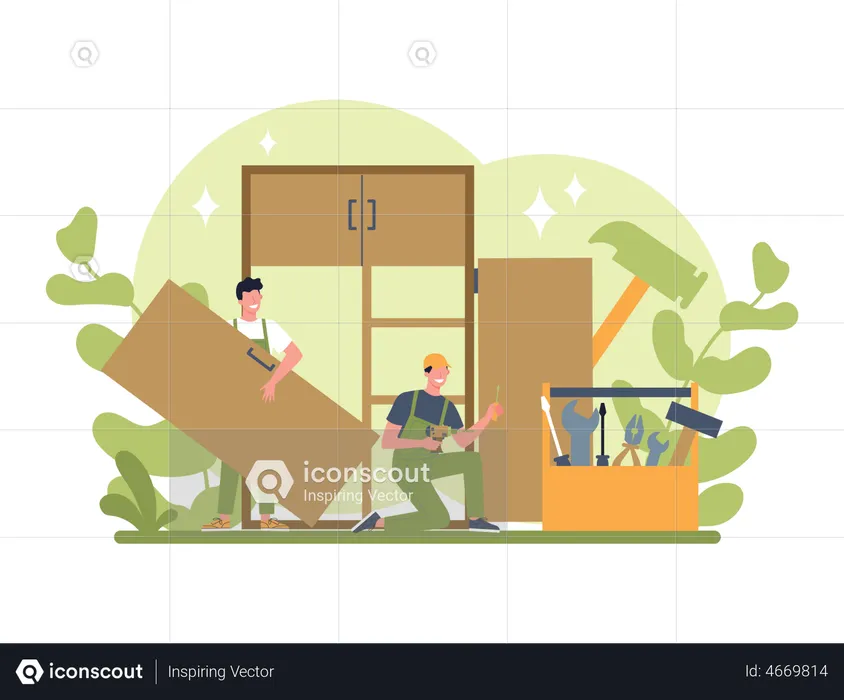 Furniture assembling worker assembling cupboard  Illustration