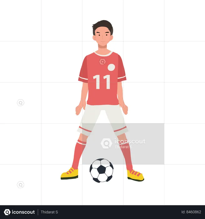 Jugador de fútbol de pie con el balón de fútbol  Ilustración