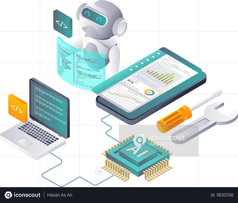 Aplicações futuras da tecnologia de robótica de IA  Ilustração