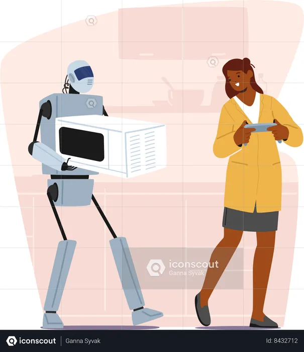Futuristic Helpful Robot Assists A Woman  Illustration