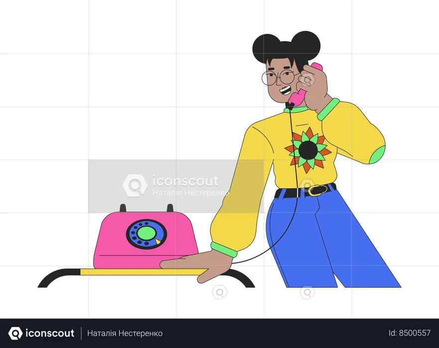 Chica de anteojos negros hablando con receptor de teléfono  Ilustración