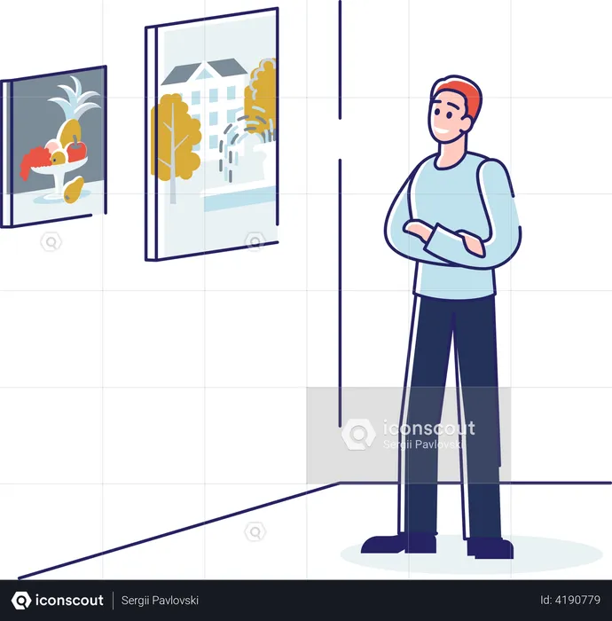 Homem na galeria de arte  Ilustração