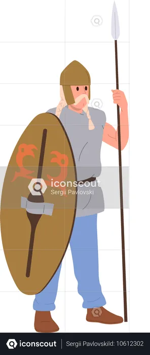 Gallic ancient warrior character holding spears and wooden shield  Illustration