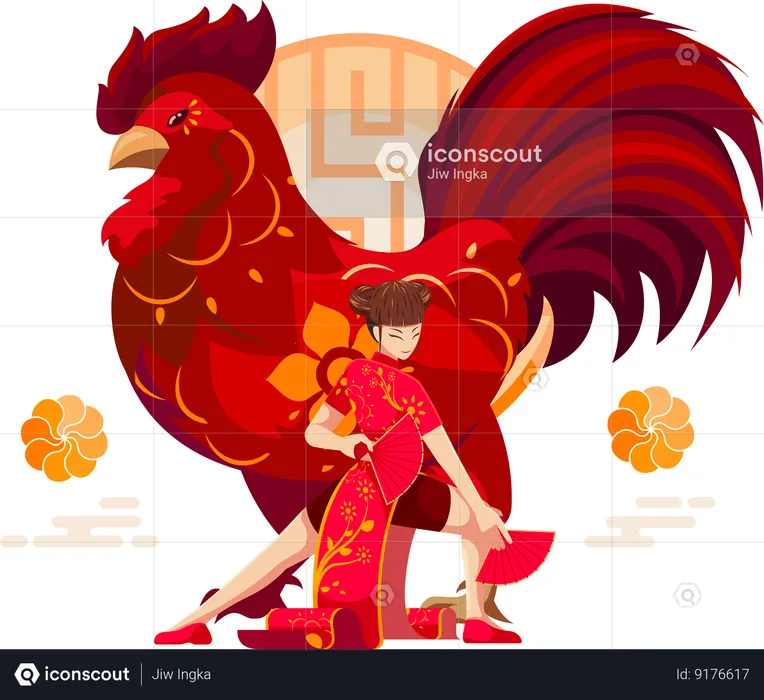 Gallo del zodíaco chino con niña china  Ilustración