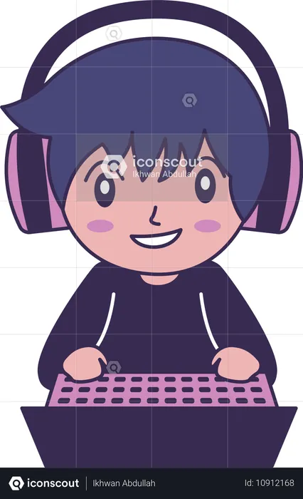 Gamer Boy Wearing Headset Enjoying Playing Game with Laptop  Illustration