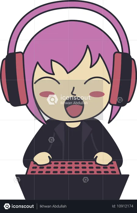 Gamer Boy Wearing Headset Enjoying Playing Game with Laptop  Illustration