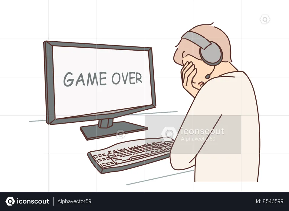 Gamer lost in videogame and got upset when saw inscription game over on computer monitor  Illustration