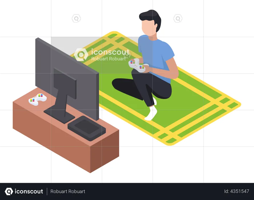 Gamer playing video game on TV screen  Illustration
