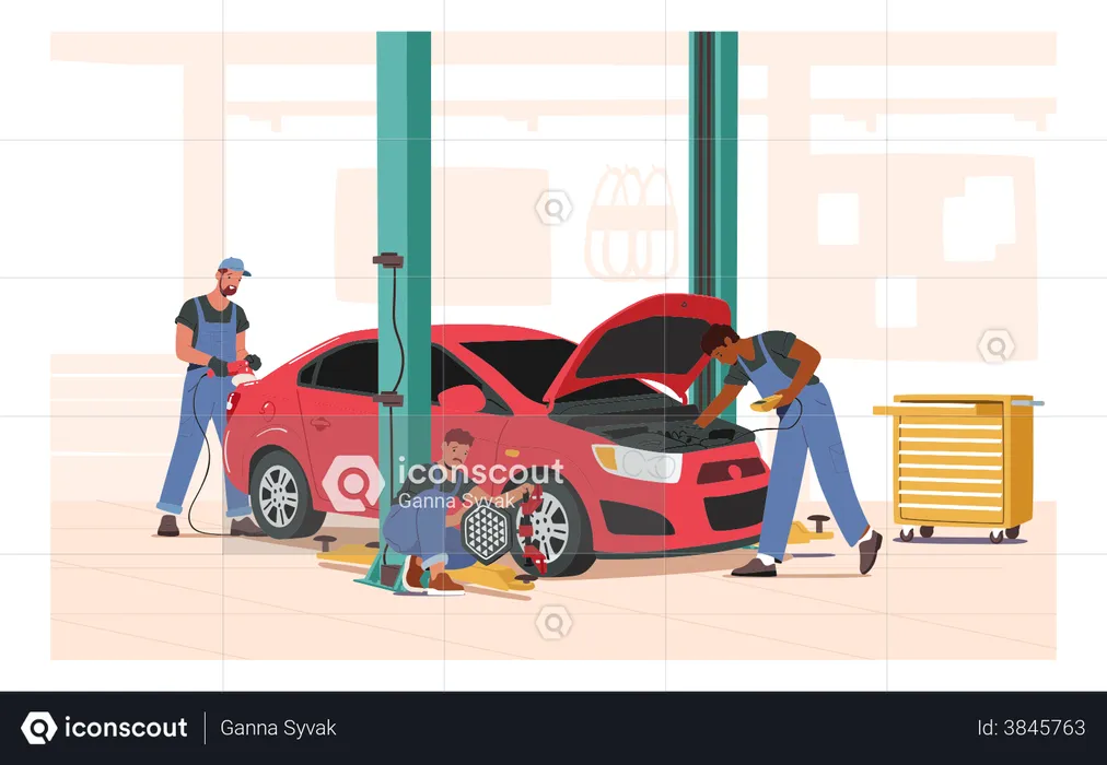 Les mécaniciens du garage résolvent un problème avec la voiture  Illustration