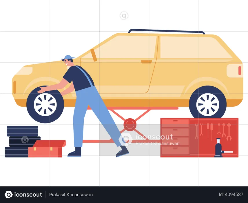 Garage worker changing tire of car  Illustration