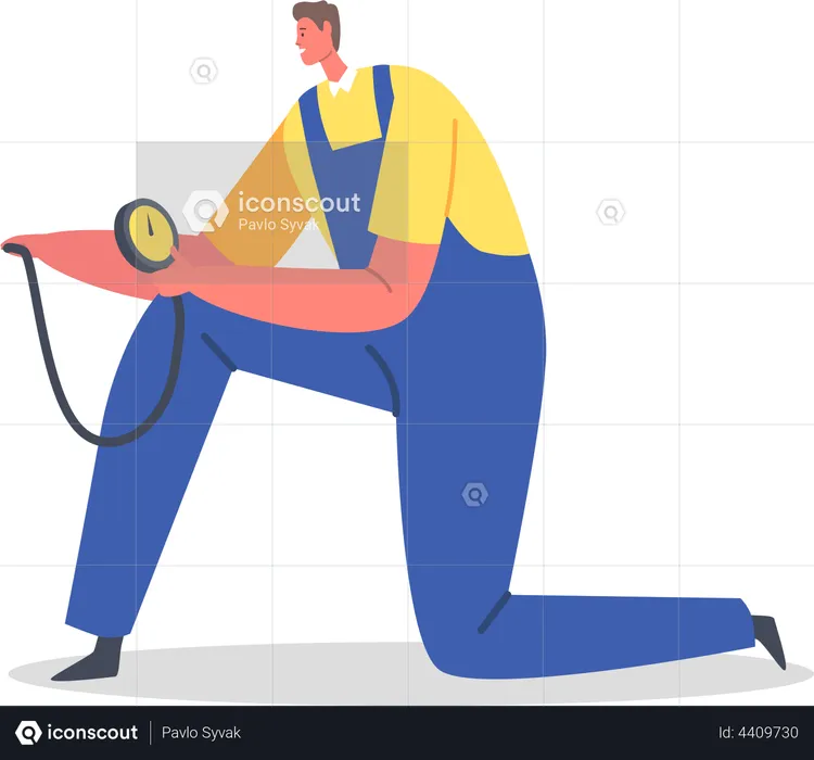 Garage Worker checking tire pressure  Illustration