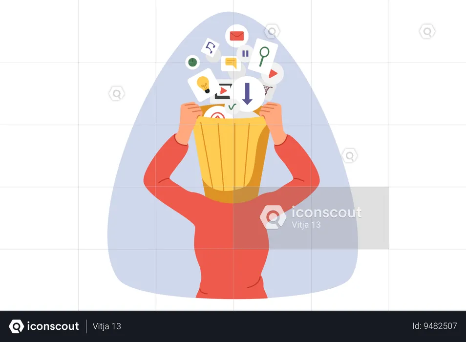 Garbage clogging modern woman brain from multimedia icons above head with trash can.  Illustration