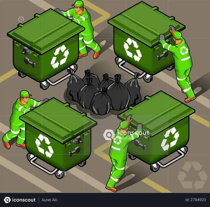 Garbage men with garbage bin and bags  Illustration