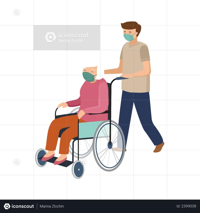 Garçon aidant une vieille femme âgée en fauteuil roulant  Illustration