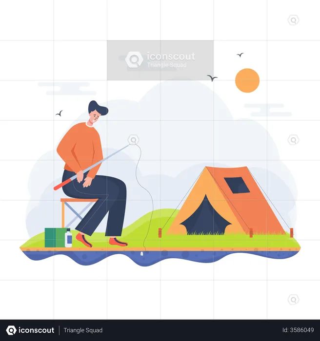 Garçon appréciant la pêche et le camping  Illustration