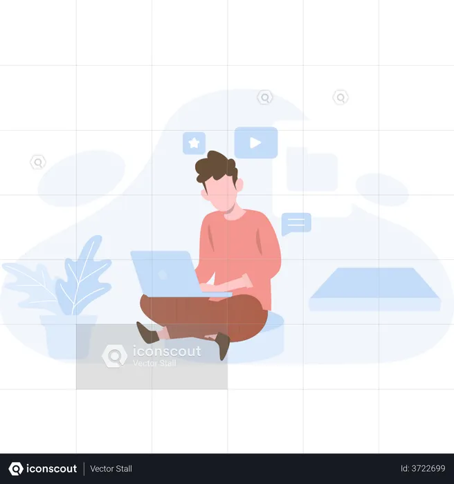 Garçon assis sur le sol et travaillant sur un ordinateur portable  Illustration