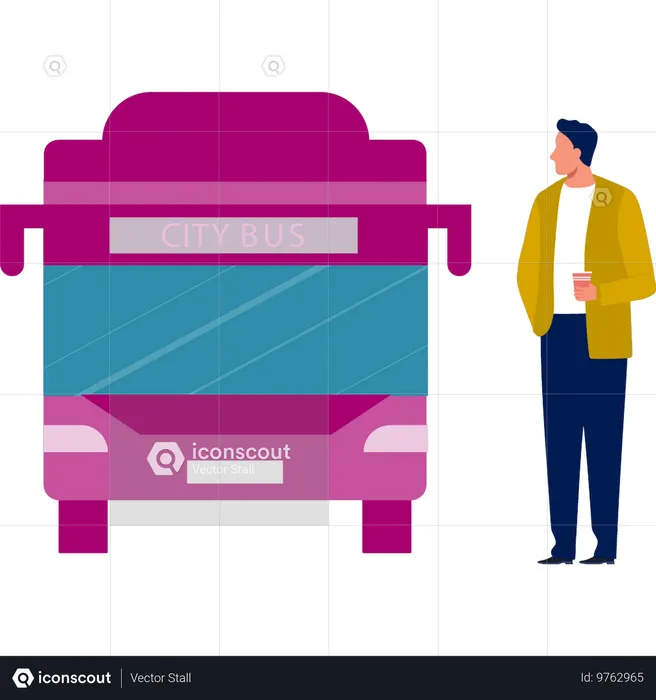 Garçon attendant l'embarquement du bus de la ville  Illustration