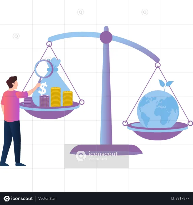 Un garçon équilibre l'argent et l'échelle du monde  Illustration