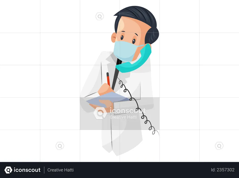 Garçon de laboratoire parlant au téléphone et prenant la commande de médicaments  Illustration