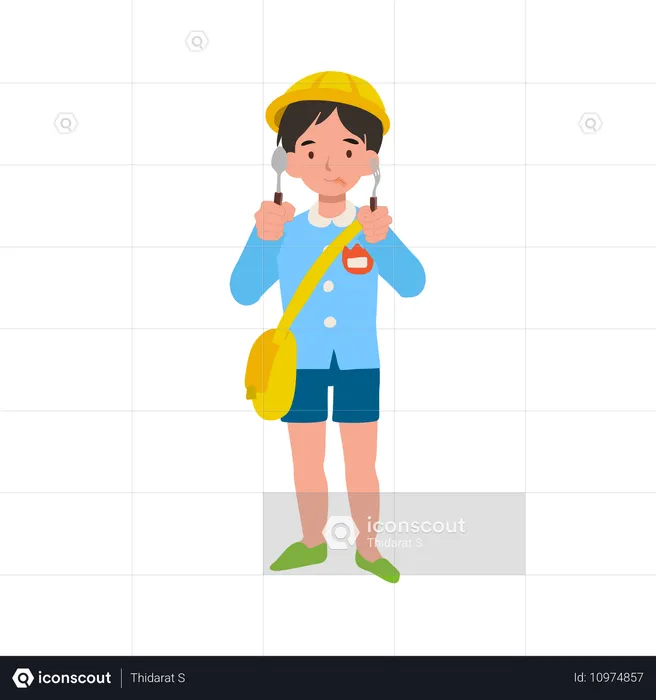 Garçon joyeux de maternelle en uniforme mangeant avec une fourchette et une cuillère, souriant et montrant de la joie  Illustration