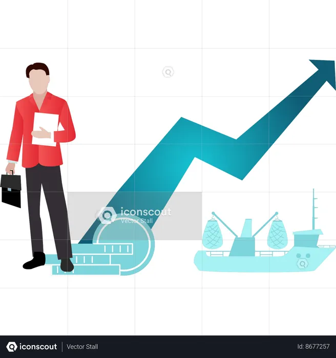 Garçon debout avec graphique d'exportation d'entreprise  Illustration