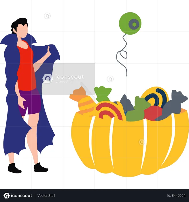 Garçon debout avec un panier de bonbons d'Halloween  Illustration